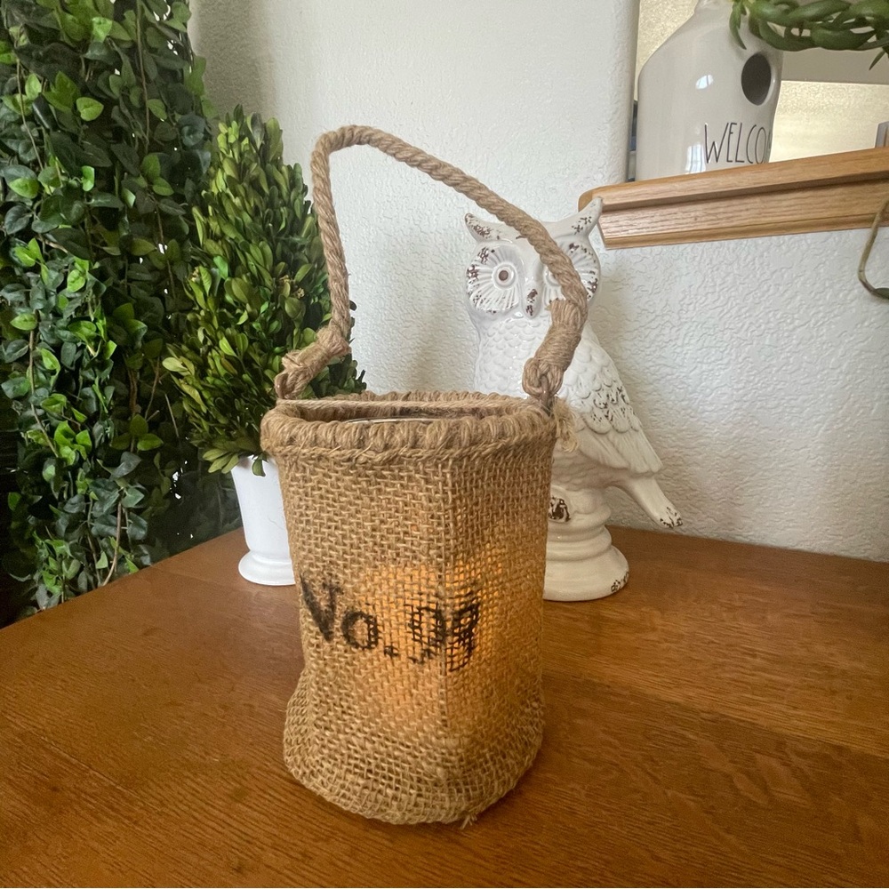No. 98 Natural Jute Hanging Hurricane Basket, Wax candle included